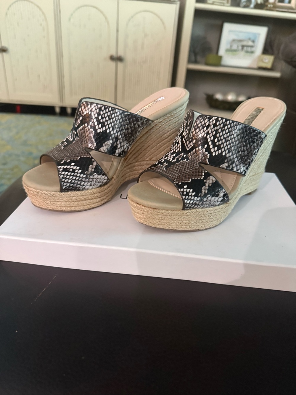 Jennifer Lopez Snake-Print Wedge Espadrille Slides in Black and Beige